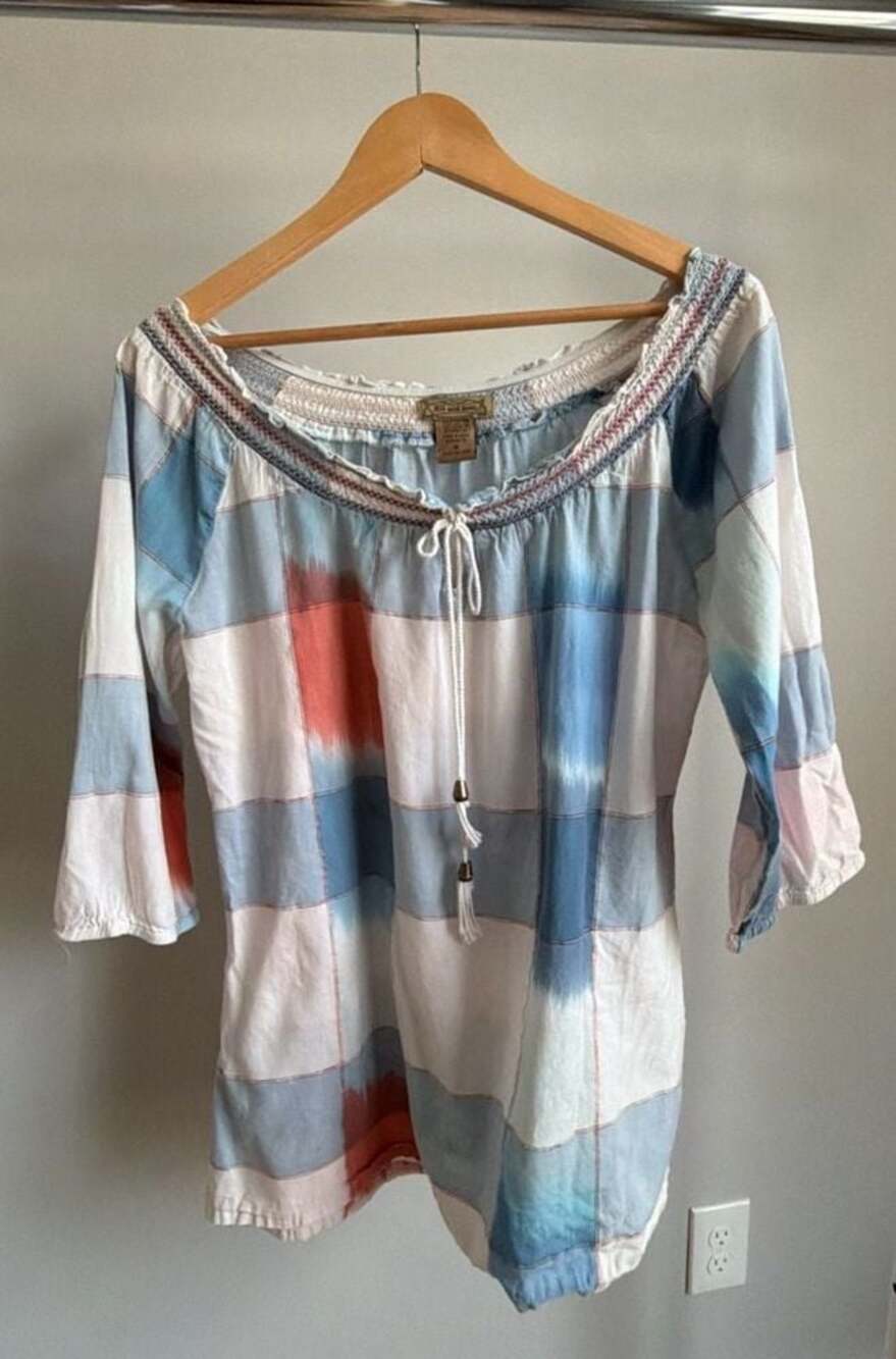 Art and Soul Tie Dye Plaid Smocked Neck Blouse Top Size M